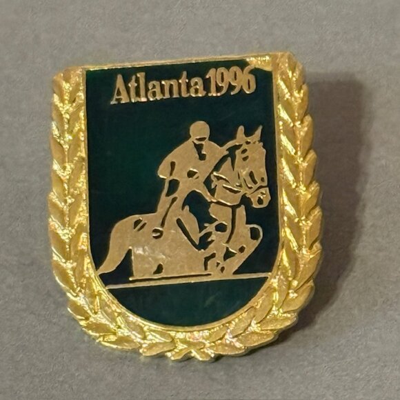 Vintage Olympics Pin 1996 Atlanta Button Gold Pinback Horse Racing Derby Badge - Picture 1 of 3